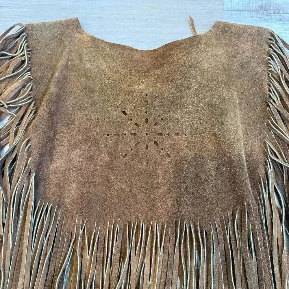 Vintage Brown Suede Leather Fringe Western Cowgirl Poncho Cape - Picture 7 of 7